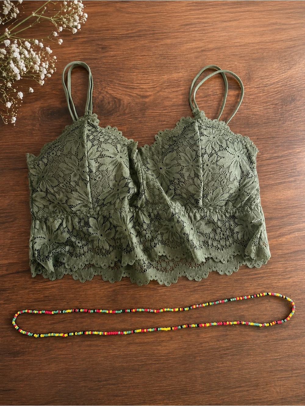 Olive Green Lace Bralette Top - Rasta belly beads